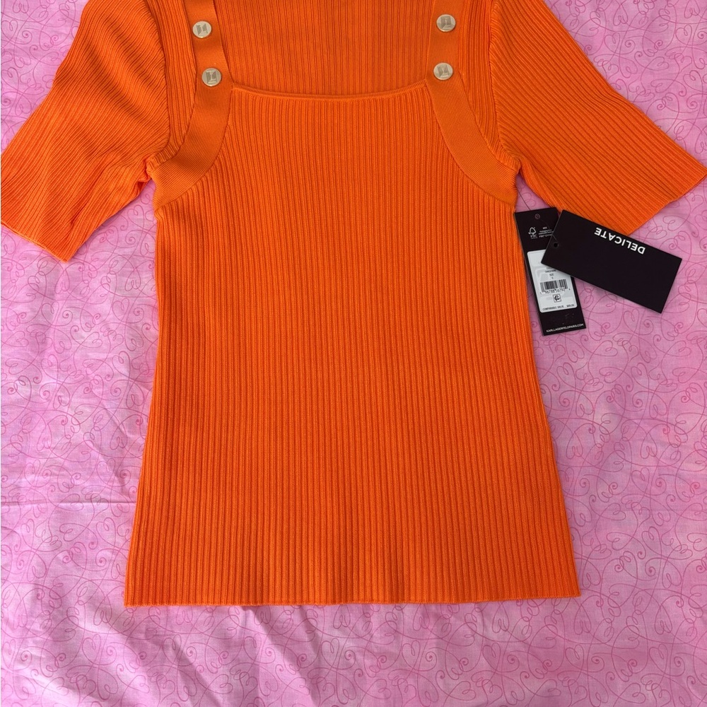 Karl Lagerfeld Orange Ribbed Square-Neck Top with Logo Tag
